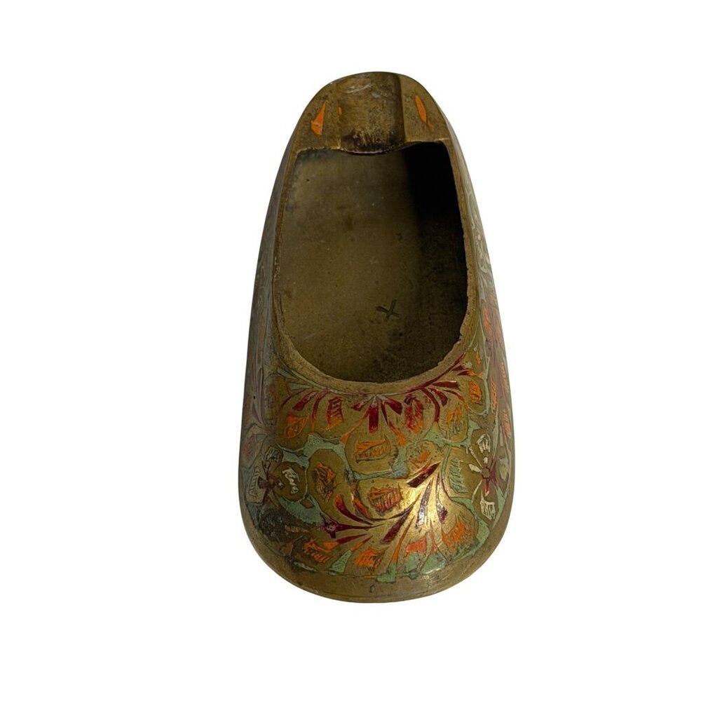 VTG‎ Mini Brass Shoe Ashtray Engraved Painted MCM Ash Receiver Figurine India